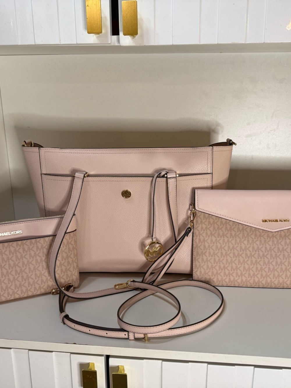 Michael Kors Maisie Large Leather Tote with Matching Pouches and Crossbody Strap